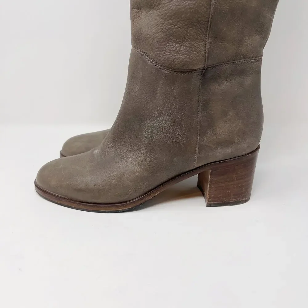Kate Spade Size 6 Gray Leather Block Heeled Tall Boots Almond Toe Side Zipper